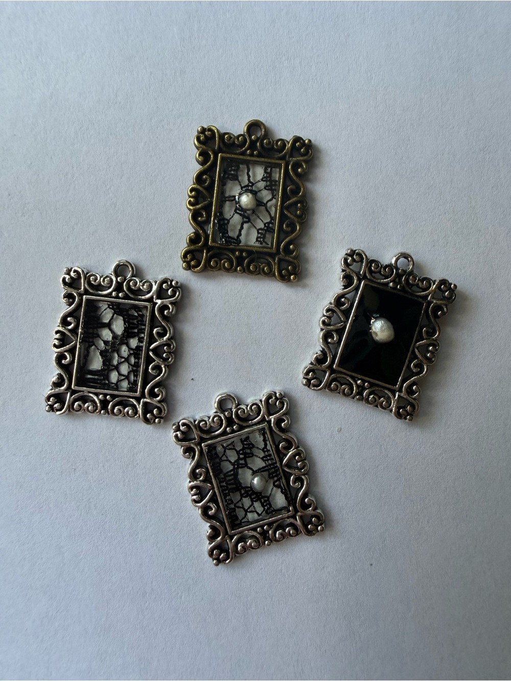 Handmade Victorian Style Filigree Frame Pendants with Lace & Seed Pearl Accents
